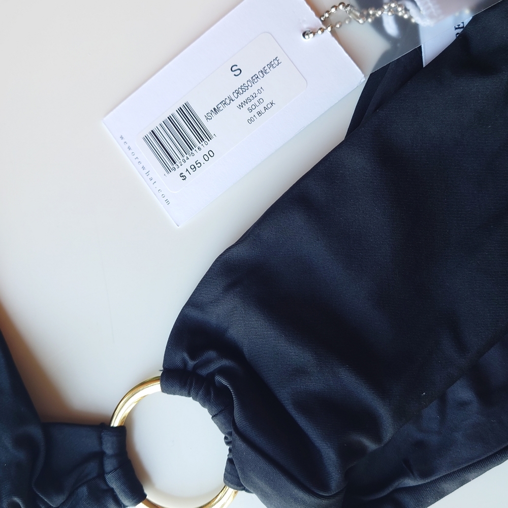WeWoreWhat Asymmetrical Crossover one piece swimsuit Black Gold Ring Detail NWT - Picture 9 of 10